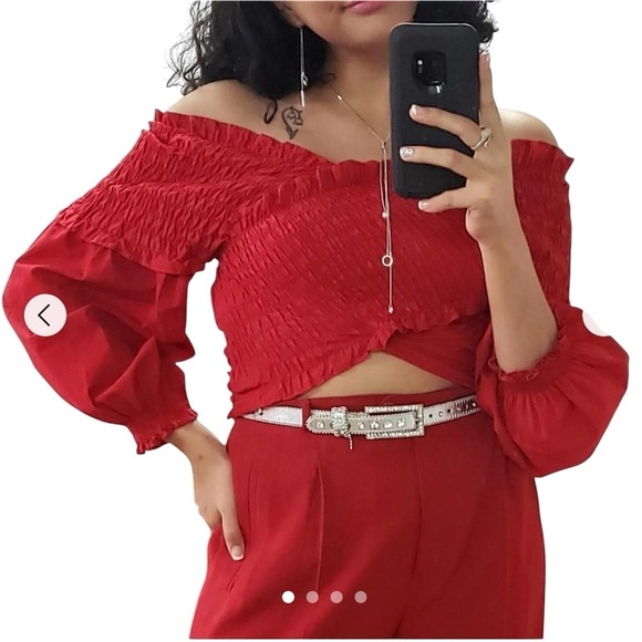 Zara Red Ruched Off The Shoulder Top - Picture 2 of 8